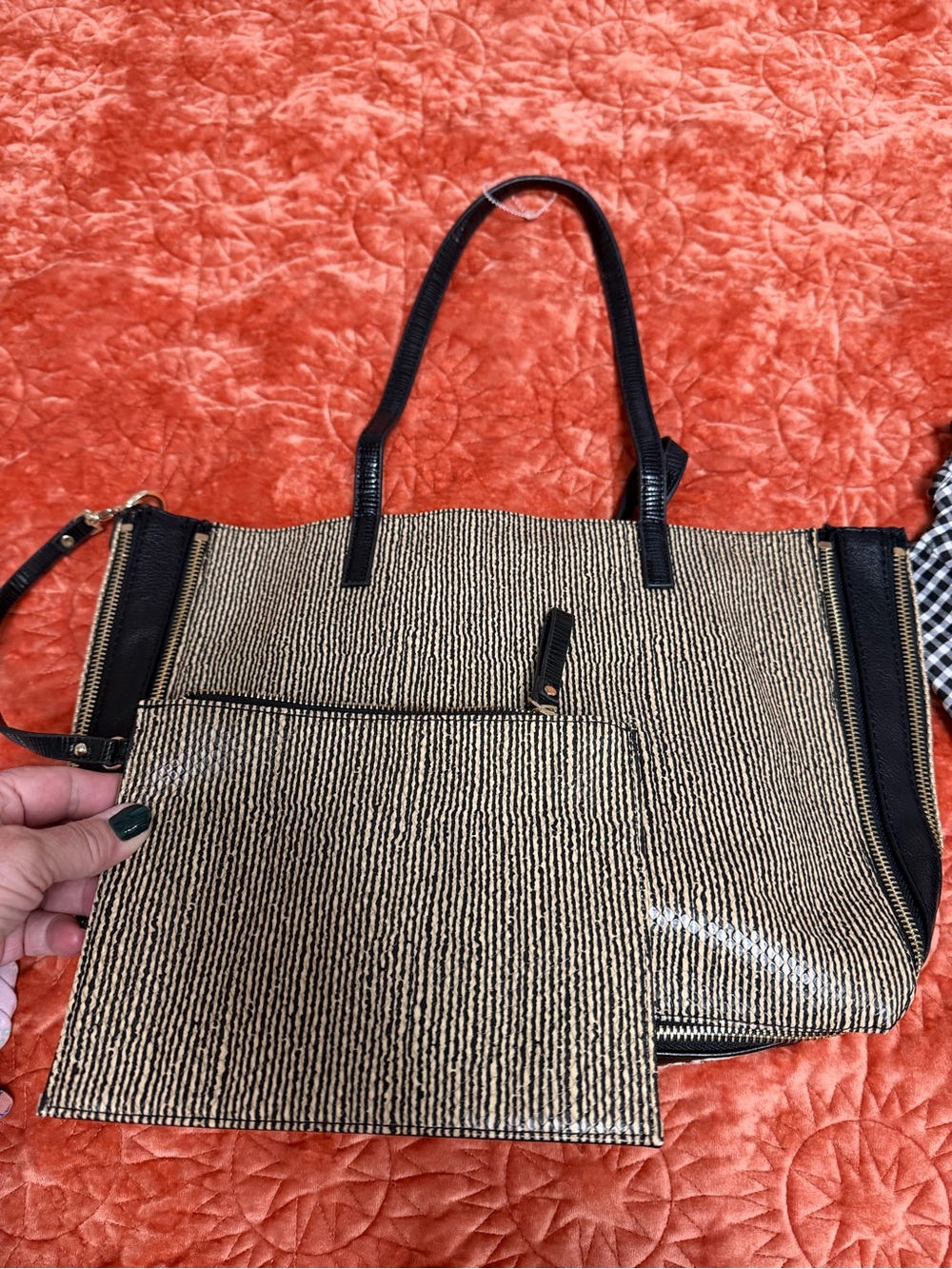 Sondra Roberts Black and Tan Striped Tote with Removable Pouch